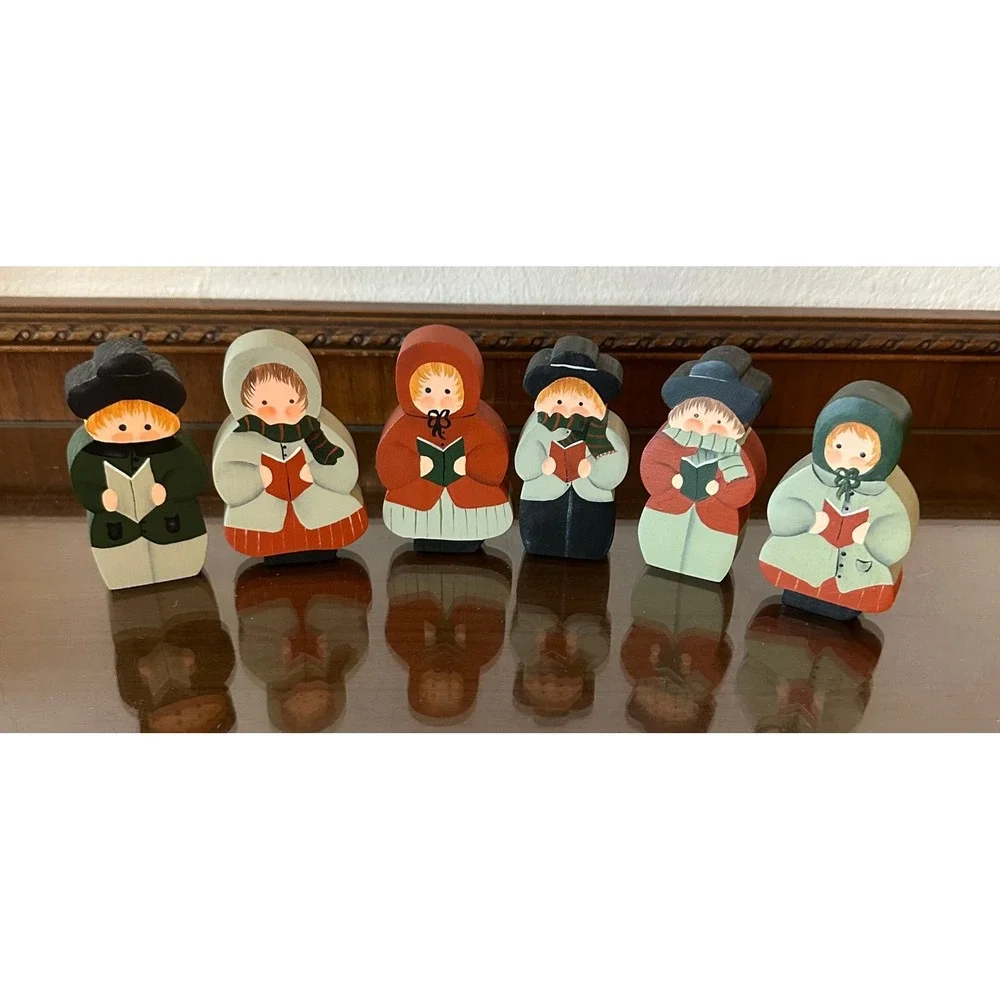 Vintage Style Hand Painted Wooden Christmas Carolers Figurines Set of 6 Folk Art